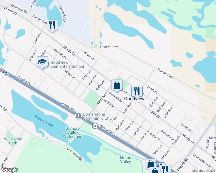 map of restaurants, bars, coffee shops, grocery stores, and more near 625 44th Avenue in Goodview