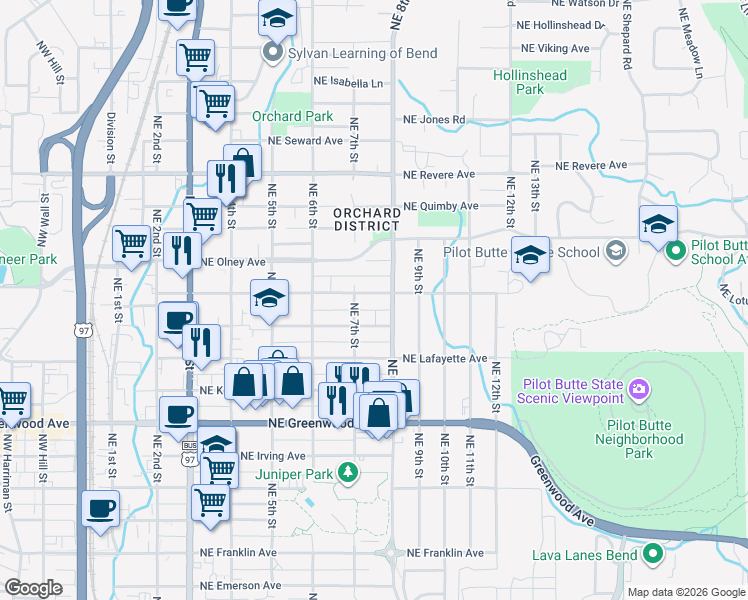 map of restaurants, bars, coffee shops, grocery stores, and more near 731 Northeast Norton Avenue in Bend