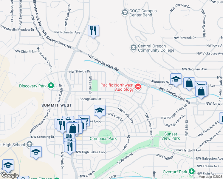 map of restaurants, bars, coffee shops, grocery stores, and more near 2414 Northwest Lemhi Pass Drive in Bend