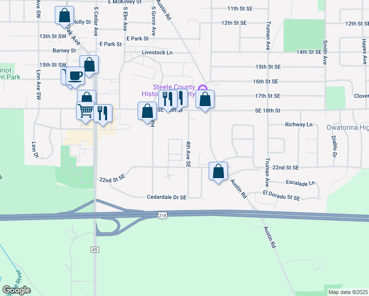 map of restaurants, bars, coffee shops, grocery stores, and more near 350 22nd Street Southeast in Owatonna