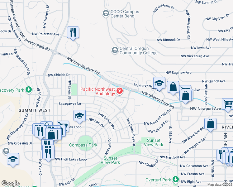 map of restaurants, bars, coffee shops, grocery stores, and more near 2215 Northwest Shevlin Park Road in Bend