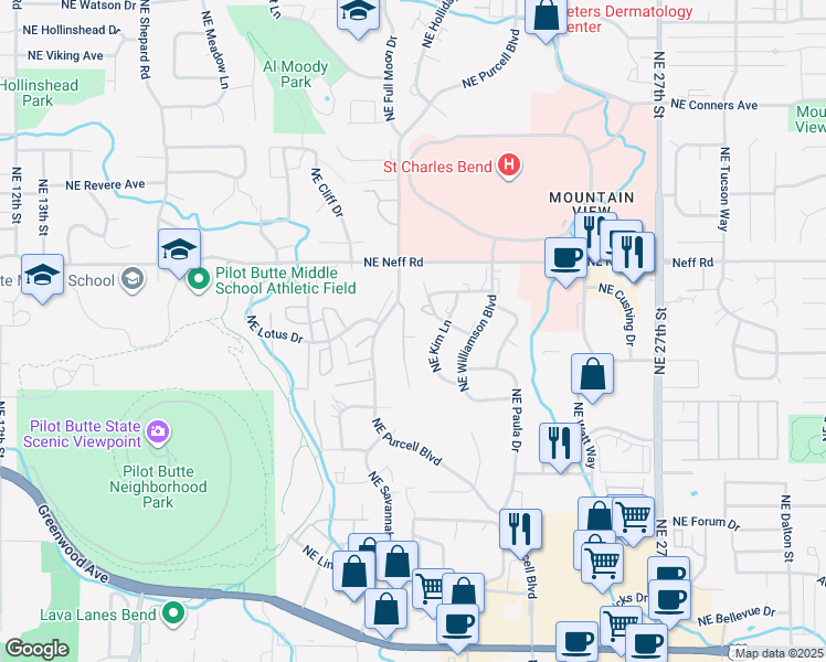map of restaurants, bars, coffee shops, grocery stores, and more near 1418 Northeast Whisper Ridge Drive in Bend