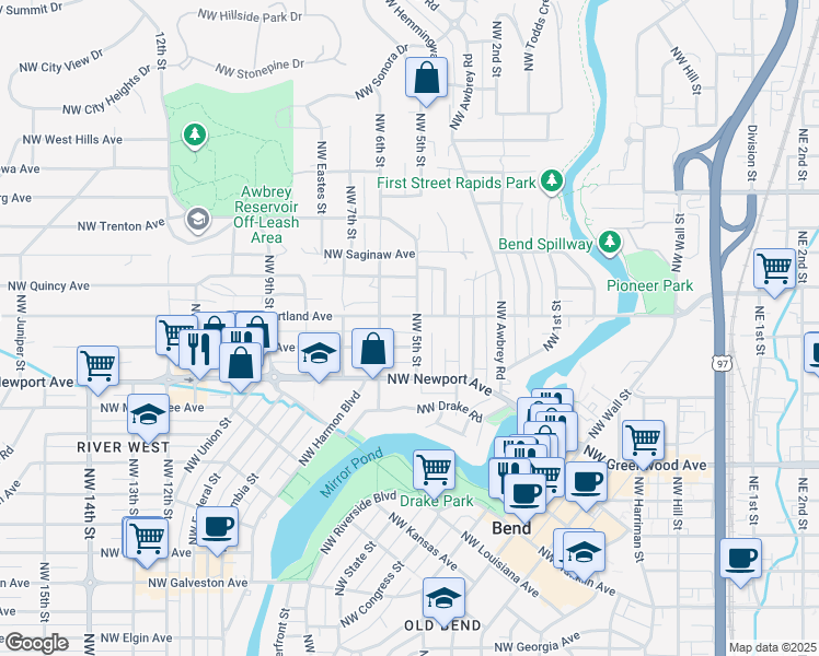 map of restaurants, bars, coffee shops, grocery stores, and more near 545 Northwest Portland Avenue in Bend