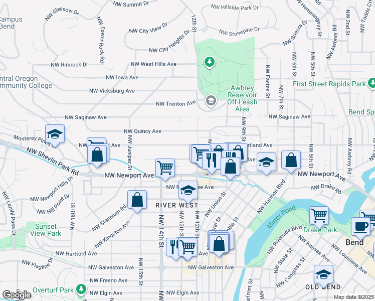 map of restaurants, bars, coffee shops, grocery stores, and more near 1205 Northwest Portland Avenue in Bend