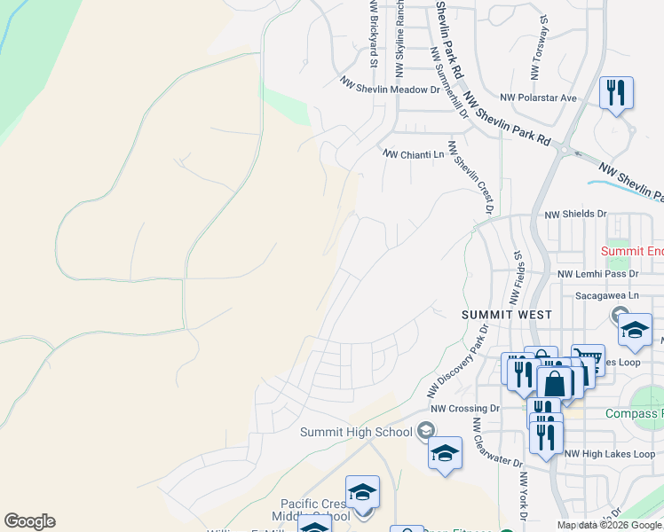 map of restaurants, bars, coffee shops, grocery stores, and more near 3155 Northwest Anderson Ranch Road in Bend