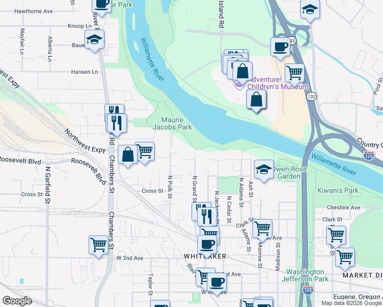 map of restaurants, bars, coffee shops, grocery stores, and more near 345 North Polk Street in Eugene