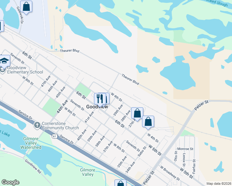 map of restaurants, bars, coffee shops, grocery stores, and more near 4030 Fourth Street in Goodview