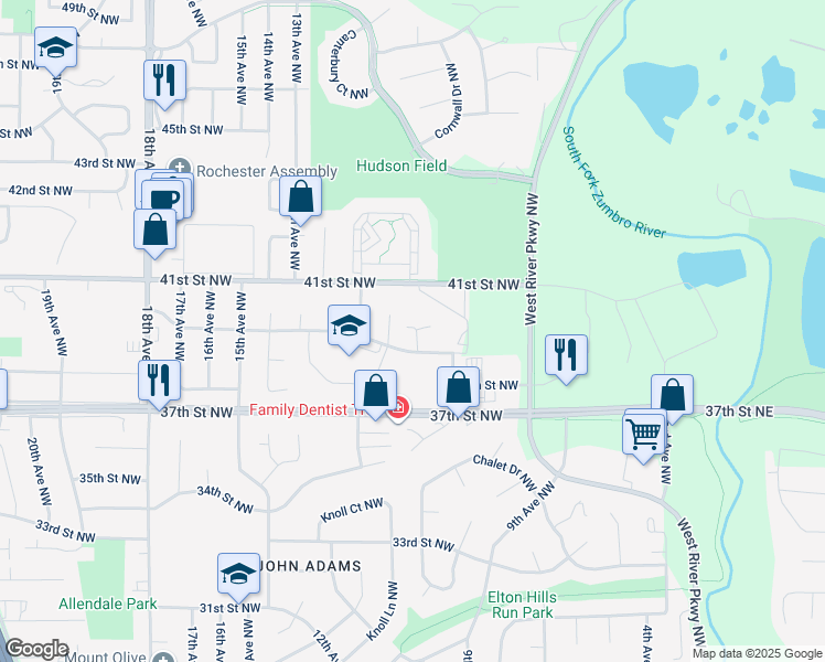 map of restaurants, bars, coffee shops, grocery stores, and more near 939 40th Street Northwest in Rochester