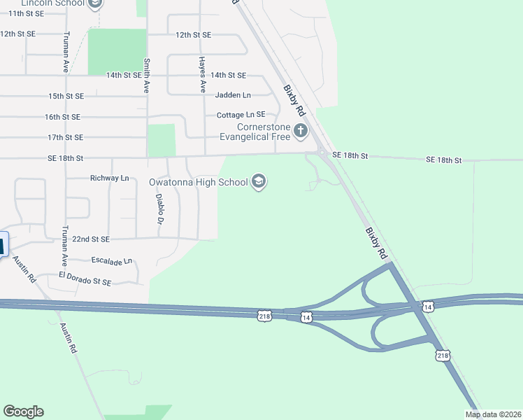 map of restaurants, bars, coffee shops, grocery stores, and more near 1185 Foxtail Lane Southeast in Owatonna