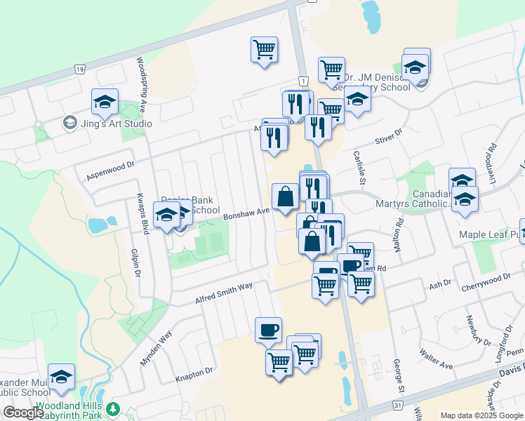 map of restaurants, bars, coffee shops, grocery stores, and more near Bonshaw Ave & Flagstone Way in Newmarket