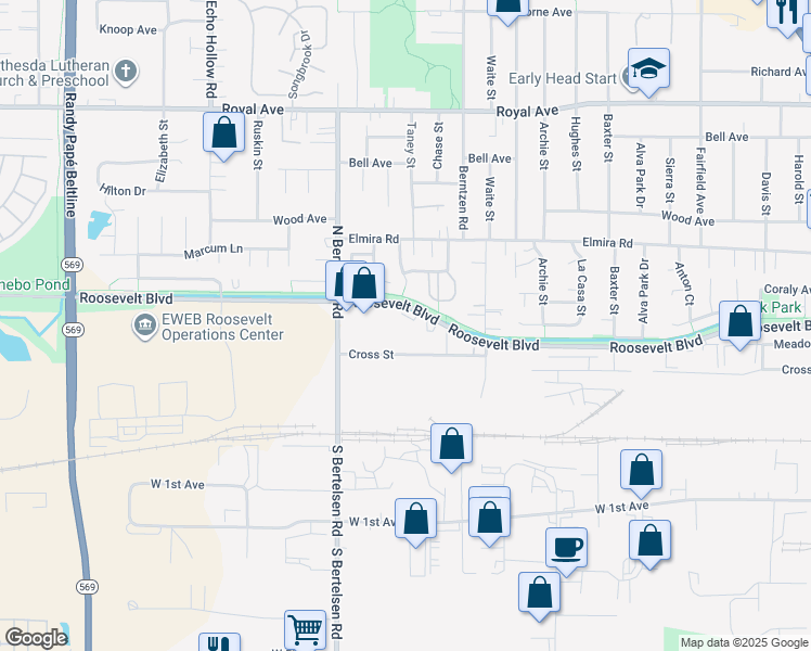 map of restaurants, bars, coffee shops, grocery stores, and more near 3922 Roosevelt Boulevard in Eugene
