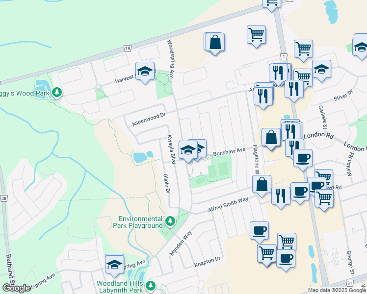 map of restaurants, bars, coffee shops, grocery stores, and more near Woodspring Avenue in Newmarket