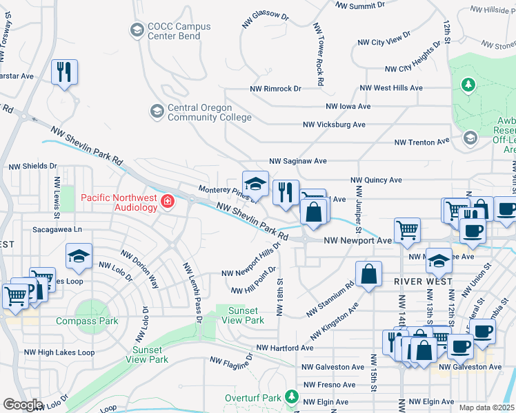 map of restaurants, bars, coffee shops, grocery stores, and more near 1889 Northwest Monterey Pines Drive in Bend