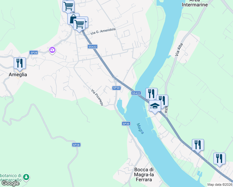 map of restaurants, bars, coffee shops, grocery stores, and more near 6A Via Persio in Ameglia