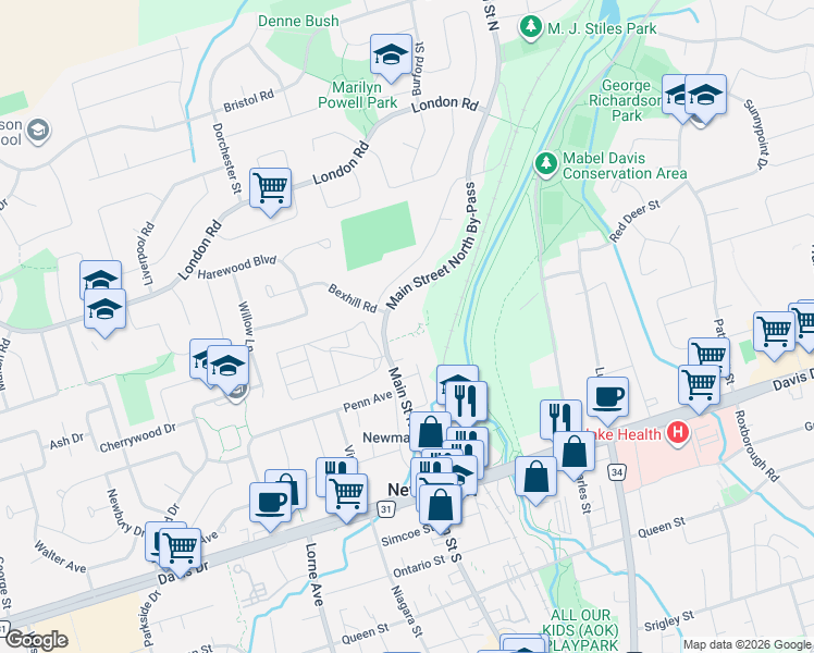 map of restaurants, bars, coffee shops, grocery stores, and more near 155 Main Street North in Newmarket