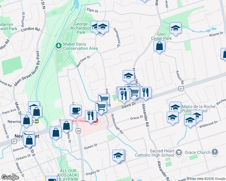 map of restaurants, bars, coffee shops, grocery stores, and more near 715 Irwin Crescent in Newmarket