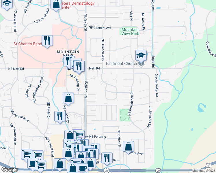 map of restaurants, bars, coffee shops, grocery stores, and more near 1377 Northeast Tucson Way in Bend