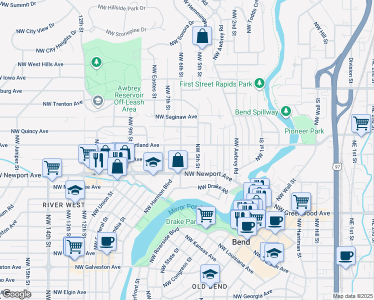 map of restaurants, bars, coffee shops, grocery stores, and more near 545 Northwest Portland Avenue in Bend