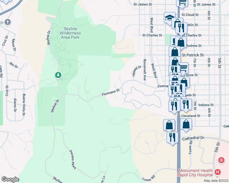 map of restaurants, bars, coffee shops, grocery stores, and more near 1462 Flormann Street in Rapid City