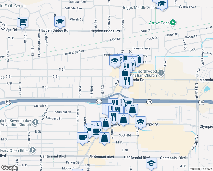 map of restaurants, bars, coffee shops, grocery stores, and more near 1928 18th Street in Springfield