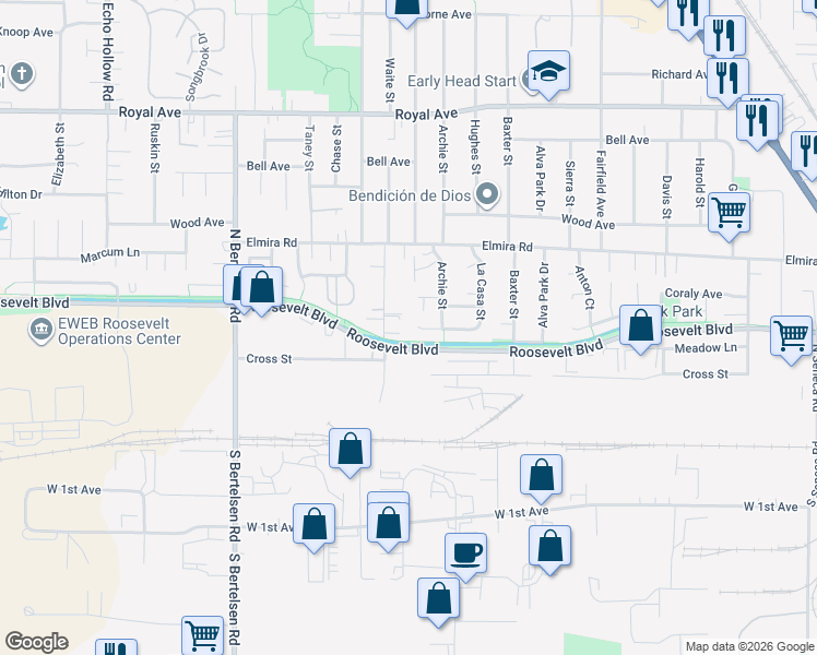 map of restaurants, bars, coffee shops, grocery stores, and more near 201 La Casa Street in Eugene