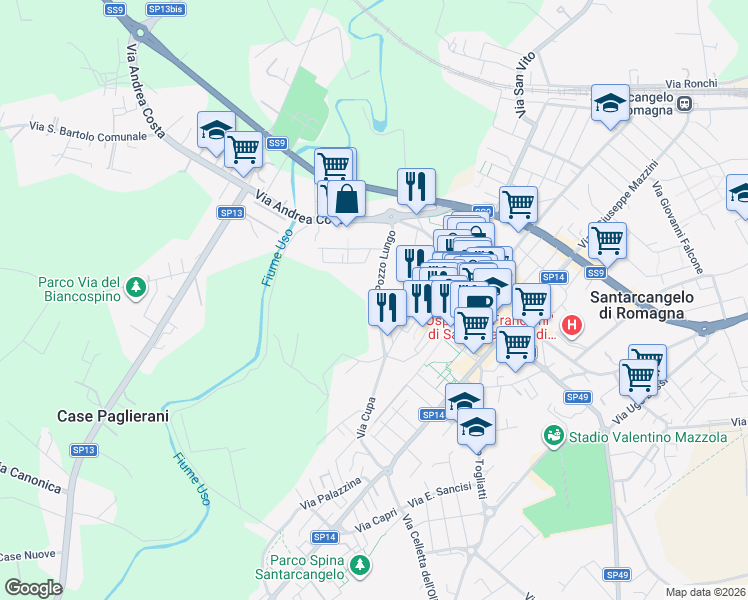 map of restaurants, bars, coffee shops, grocery stores, and more near 121 Via Andrea Costa in Santarcangelo di Romagna