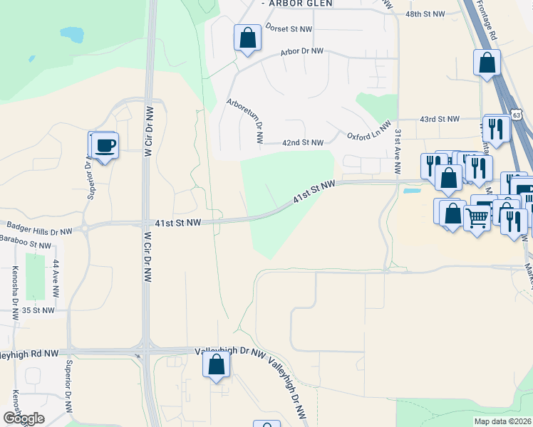 map of restaurants, bars, coffee shops, grocery stores, and more near 3625 Arboretum Drive Northwest in Rochester