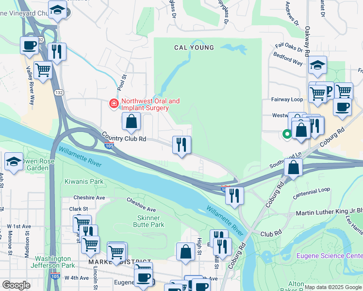 map of restaurants, bars, coffee shops, grocery stores, and more near 355 Country Club Road in Eugene