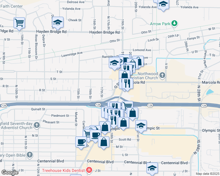 map of restaurants, bars, coffee shops, grocery stores, and more near 1928 18th Street in Springfield