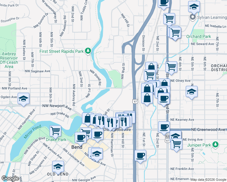 map of restaurants, bars, coffee shops, grocery stores, and more near 15 Northwest Portland Avenue in Bend