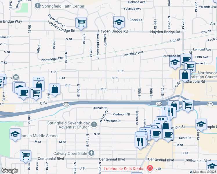 map of restaurants, bars, coffee shops, grocery stores, and more near 1917 Debra Drive in Springfield