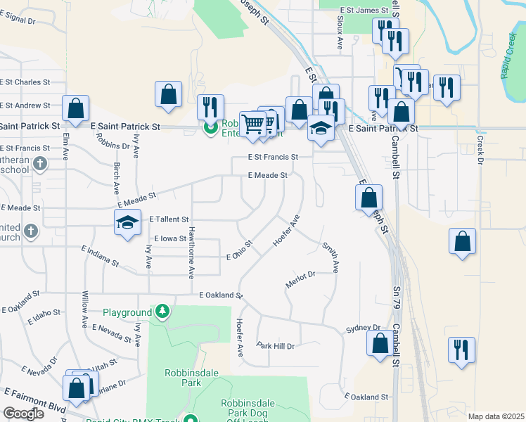 map of restaurants, bars, coffee shops, grocery stores, and more near 1009 East Tallent Street in Rapid City