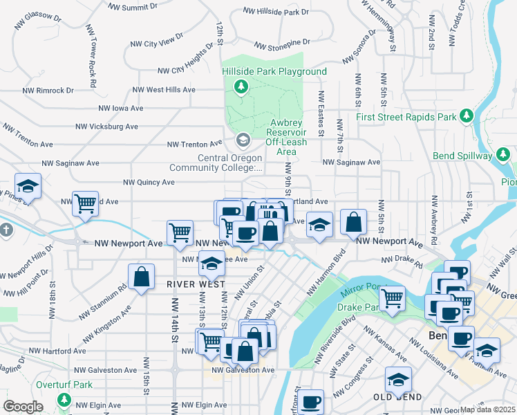 map of restaurants, bars, coffee shops, grocery stores, and more near 1021 Northwest Portland Avenue in Bend