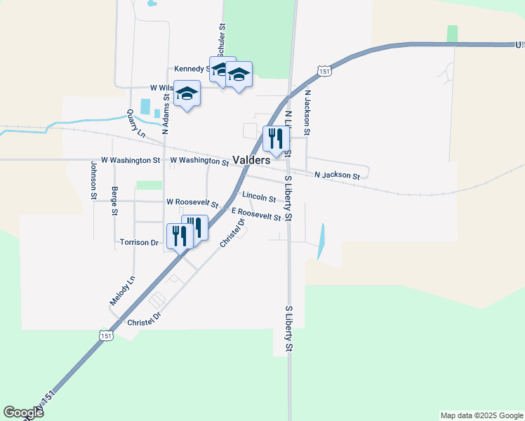 map of restaurants, bars, coffee shops, grocery stores, and more near 138 East Roosevelt Street in Valders