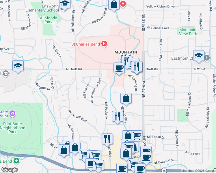 map of restaurants, bars, coffee shops, grocery stores, and more near 1420 Northeast Sharkey Terrace in Bend