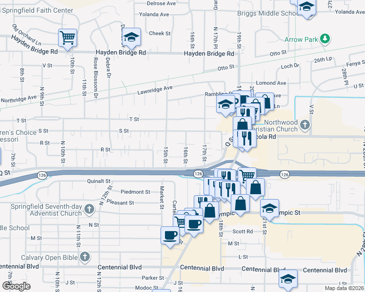 map of restaurants, bars, coffee shops, grocery stores, and more near 1924 16th Street in Springfield