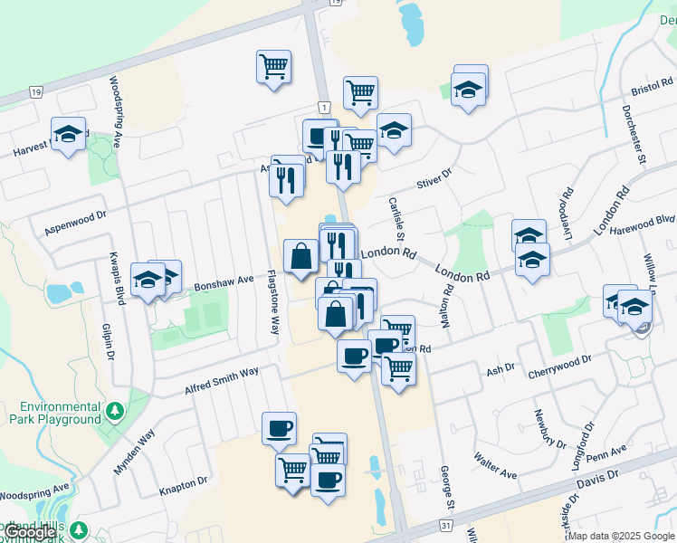 map of restaurants, bars, coffee shops, grocery stores, and more near 17906 Yonge Street in Newmarket