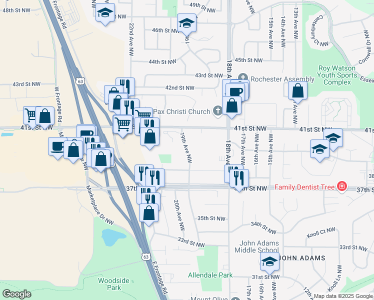 map of restaurants, bars, coffee shops, grocery stores, and more near 3912 19th Ave NW in Rochester