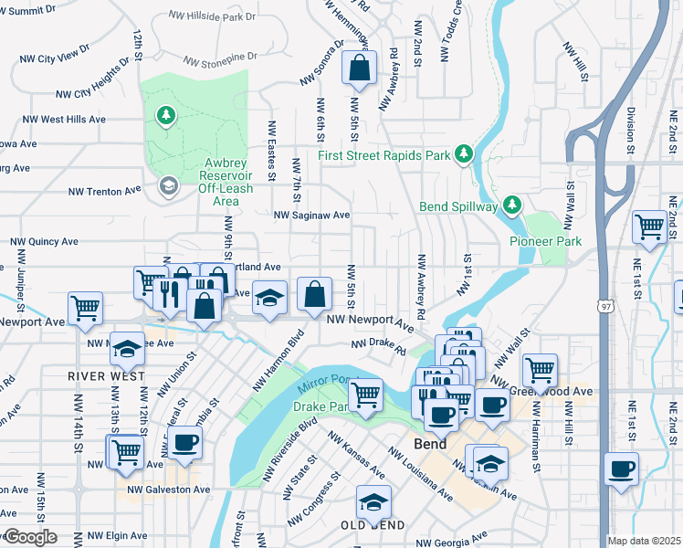 map of restaurants, bars, coffee shops, grocery stores, and more near 545 Northwest Portland Avenue in Bend