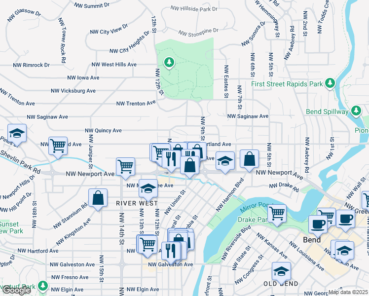 map of restaurants, bars, coffee shops, grocery stores, and more near 1536 Northwest 10th Street in Bend
