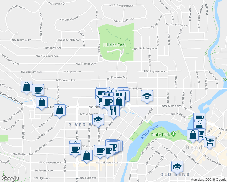 map of restaurants, bars, coffee shops, grocery stores, and more near 1536 Northwest 10th Street in Bend