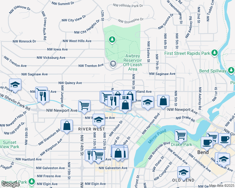 map of restaurants, bars, coffee shops, grocery stores, and more near 1536 Northwest 11th Street in Bend