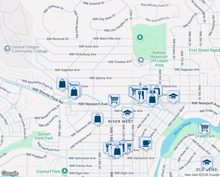 map of restaurants, bars, coffee shops, grocery stores, and more near 1409 Northwest Portland Avenue in Bend