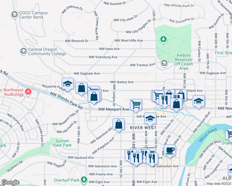 map of restaurants, bars, coffee shops, grocery stores, and more near 1545 Northwest Juniper Street in Bend