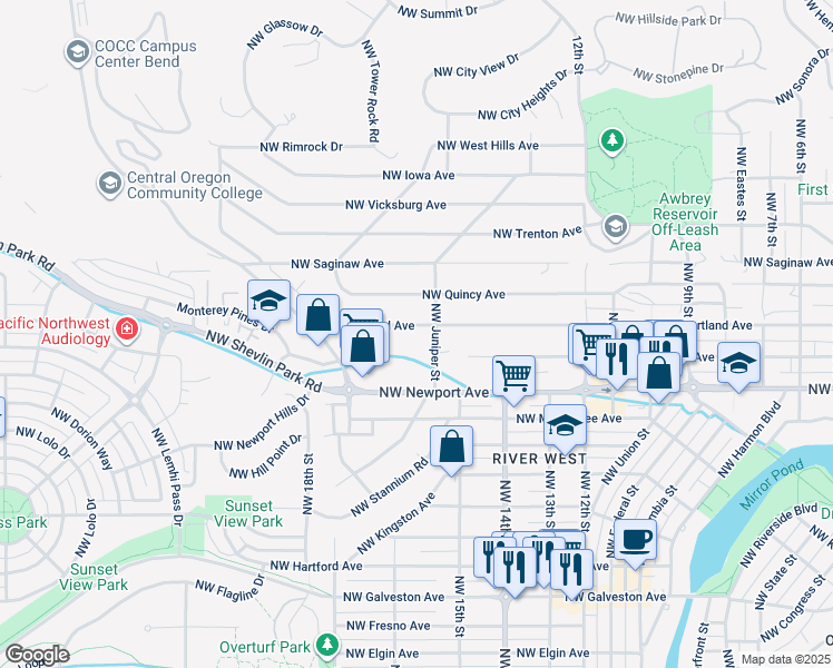 map of restaurants, bars, coffee shops, grocery stores, and more near 1545 Northwest Juniper Street in Bend