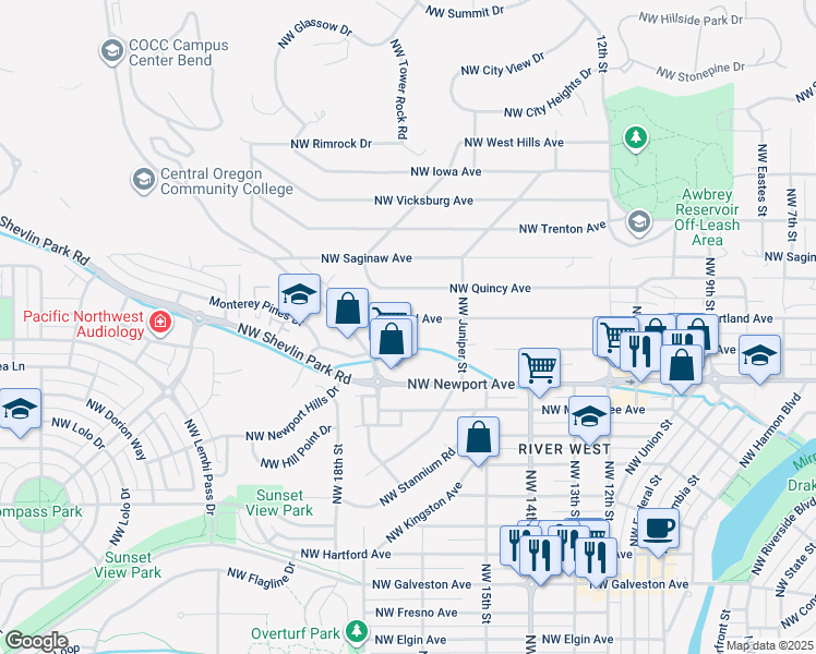 map of restaurants, bars, coffee shops, grocery stores, and more near 1597 Northwest Portland Avenue in Bend