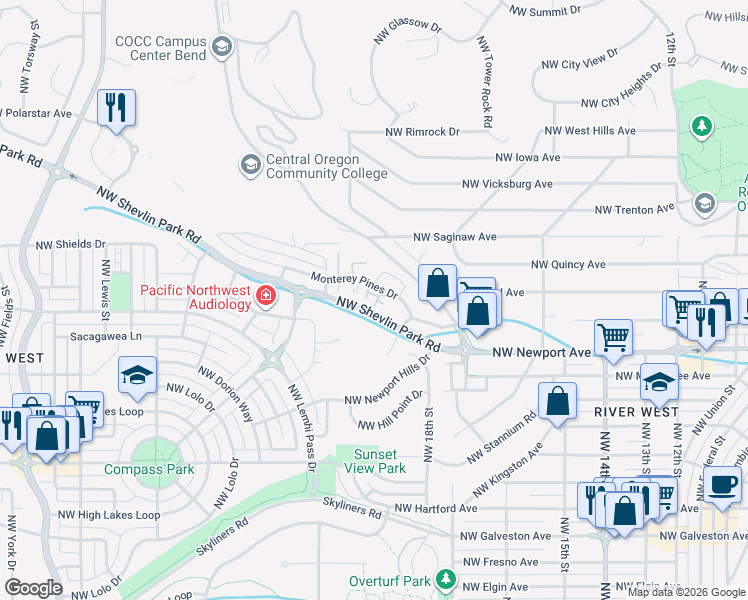 map of restaurants, bars, coffee shops, grocery stores, and more near 1941 Northwest Monterey Pines Drive in Bend