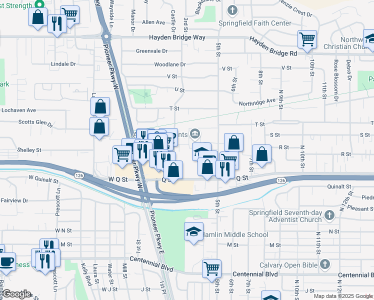 map of restaurants, bars, coffee shops, grocery stores, and more near 243 R Street in Springfield