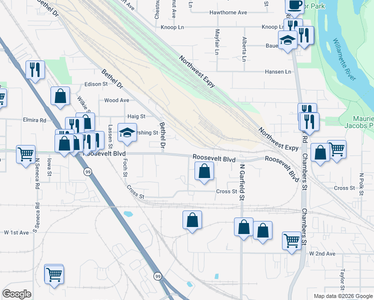 map of restaurants, bars, coffee shops, grocery stores, and more near 2209 Roosevelt Boulevard in Eugene