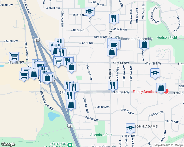 map of restaurants, bars, coffee shops, grocery stores, and more near 3912 19th Avenue Northwest in Rochester